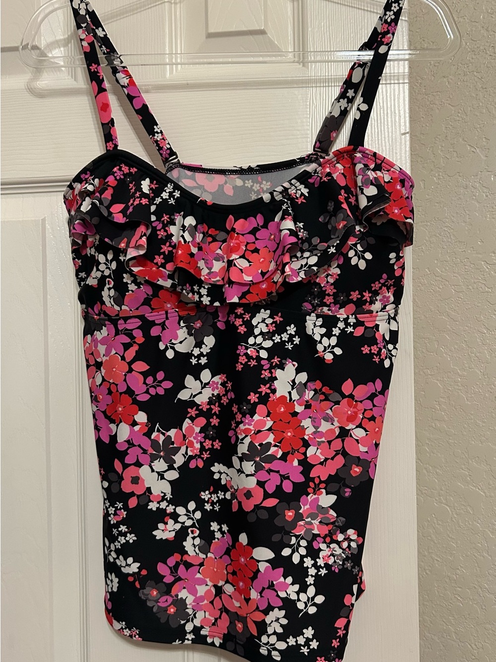 Island Escape Black Floral Ruffle Tankini Top with Pink & Red Flowers